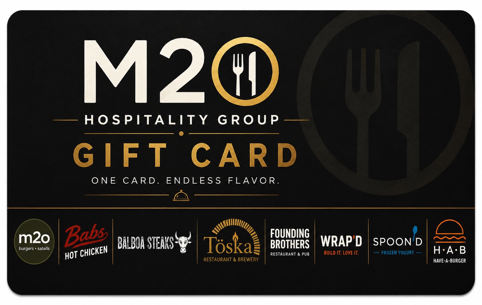 M2O Hospitality Group gift card with M2O and sister restaurant logos